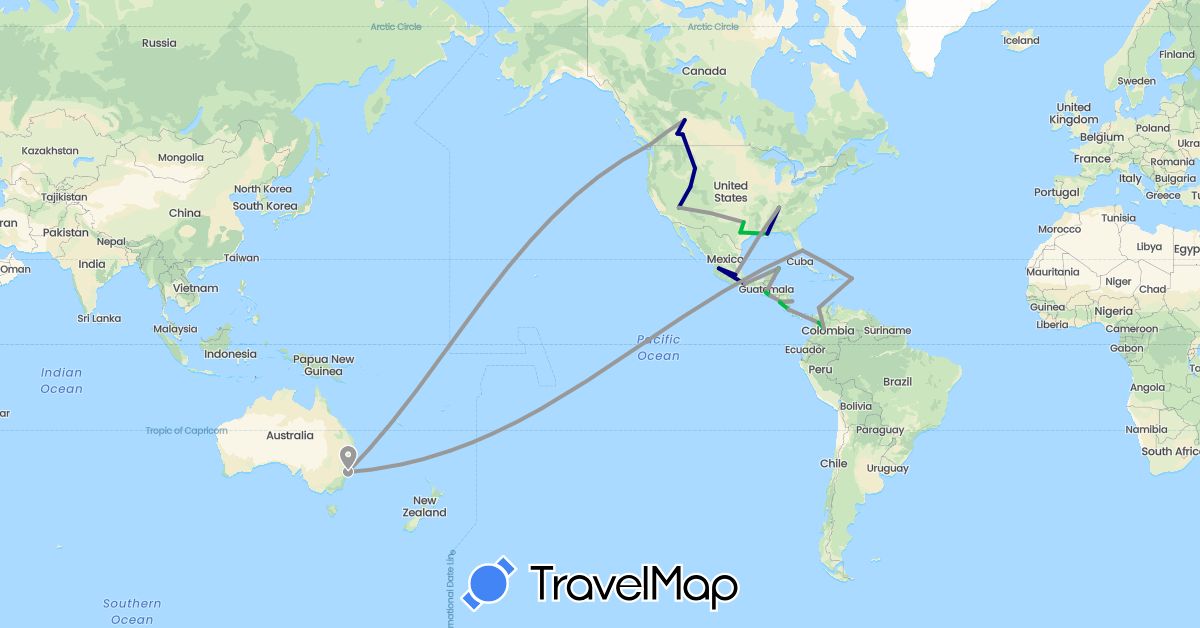 TravelMap itinerary: driving, bus, plane in Australia, Canada, Colombia, Costa Rica, Guatemala, Mexico, Nicaragua, El Salvador, United States (North America, Oceania, South America)